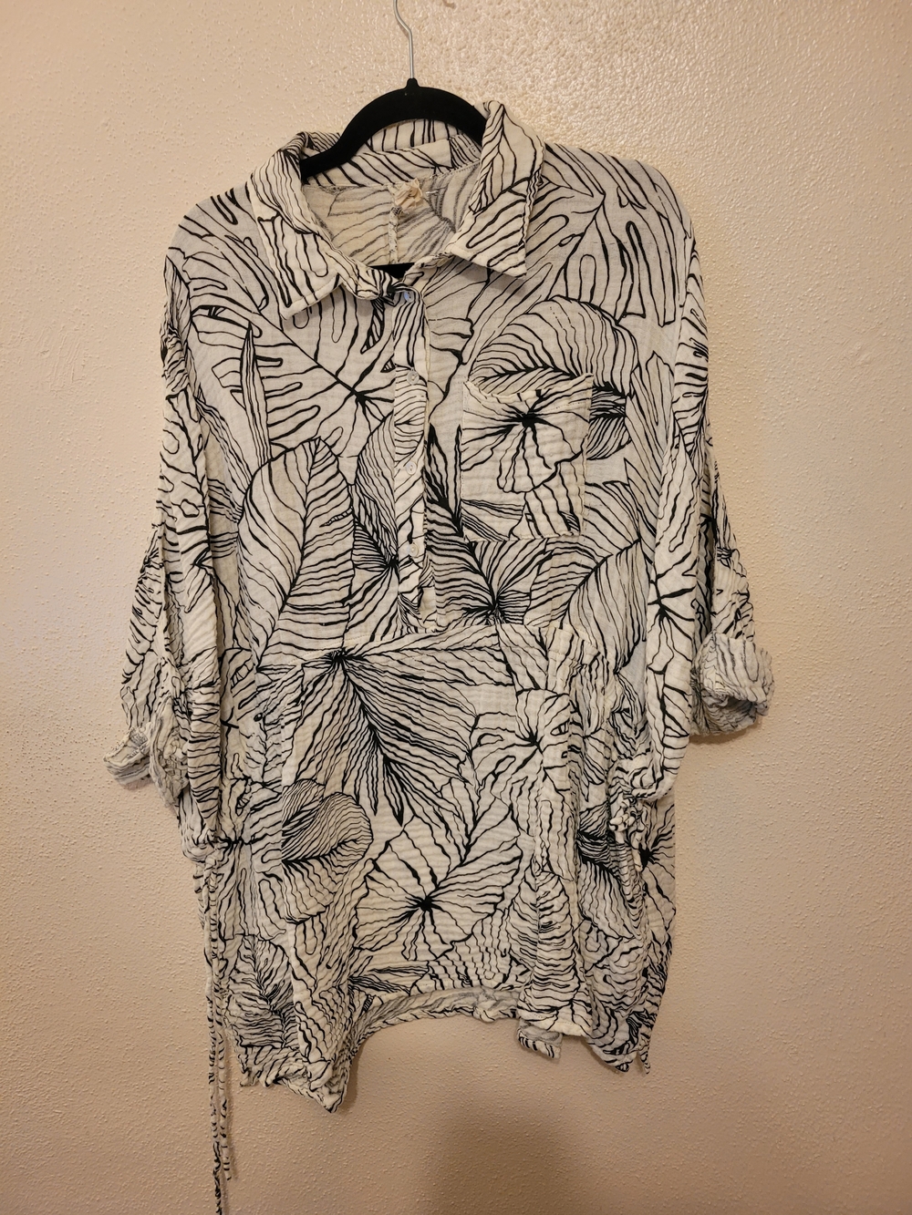 Elan Black White Tropical Leaf Cotton Gauze Tunic Cover Up Top Small
